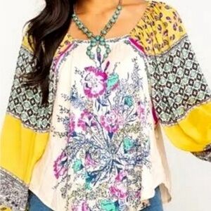 Free people Boho Floral Patchwork Women's Top in Yellow and Cream